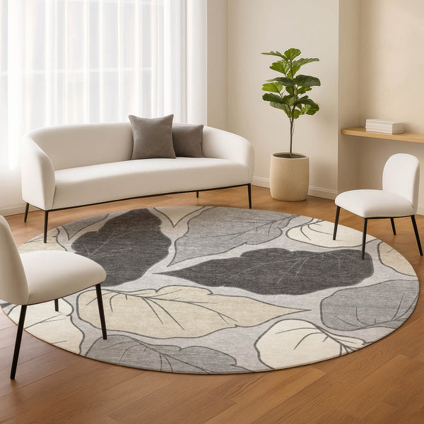 HomeRoots 8' Silver Gray Botanical Leaves Round Rug - Stylish, Washable Area Rug for Indoor & Outdoor Use 660873