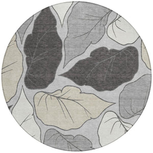 HomeRoots 8' Silver Gray Botanical Leaves Round Rug - Stylish, Washable Area Rug for Indoor & Outdoor Use 660873