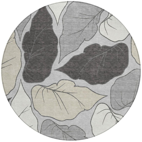 HomeRoots 8' Silver Gray Botanical Leaves Round Rug - Stylish, Washable Area Rug for Indoor & Outdoor Use 660873