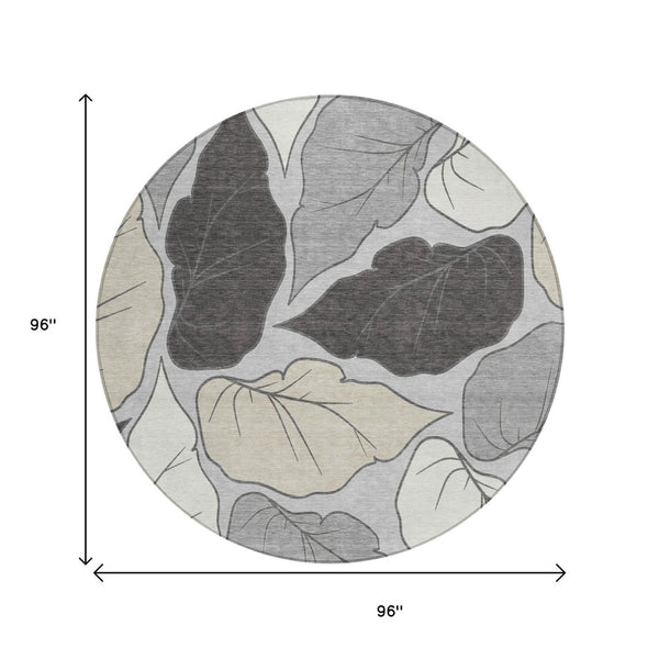HomeRoots 8' Silver Gray Botanical Leaves Round Rug - Stylish, Washable Area Rug for Indoor & Outdoor Use 660873