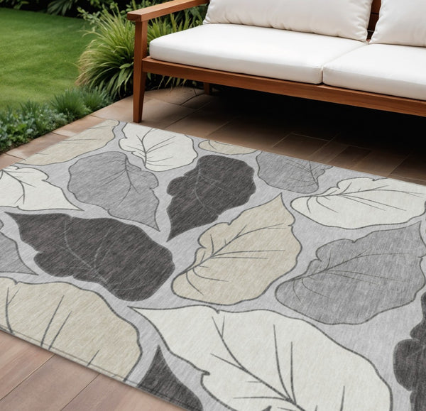 HomeRoots 8' X 10' Elegant Botanical Leaves Gray Beige Area Rug – Washable, Durable, Indoor/Outdoor Use 660874