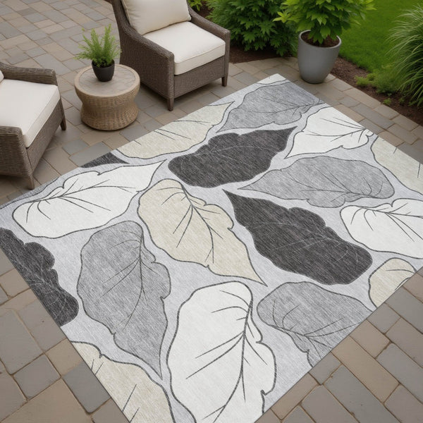 HomeRoots 8' X 10' Elegant Botanical Leaves Gray Beige Area Rug – Washable, Durable, Indoor/Outdoor Use 660874