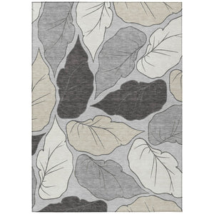 HomeRoots 8' X 10' Elegant Botanical Leaves Gray Beige Area Rug – Washable, Durable, Indoor/Outdoor Use 660874