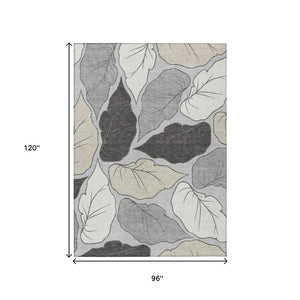 HomeRoots 8' X 10' Elegant Botanical Leaves Gray Beige Area Rug – Washable, Durable, Indoor/Outdoor Use 660874