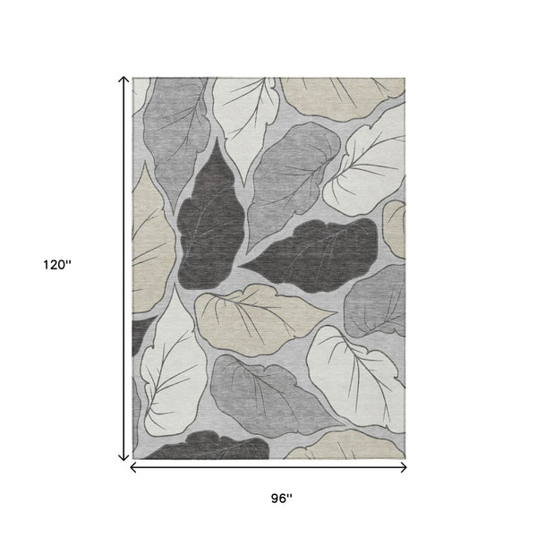 HomeRoots 8' X 10' Elegant Botanical Leaves Gray Beige Area Rug – Washable, Durable, Indoor/Outdoor Use 660874