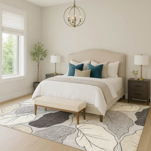 HomeRoots 8' X 10' Elegant Botanical Leaves Gray Beige Area Rug – Washable, Durable, Indoor/Outdoor Use 660874