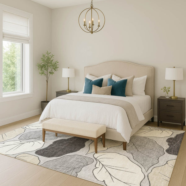 HomeRoots 8' X 10' Elegant Botanical Leaves Gray Beige Area Rug – Washable, Durable, Indoor/Outdoor Use 660874