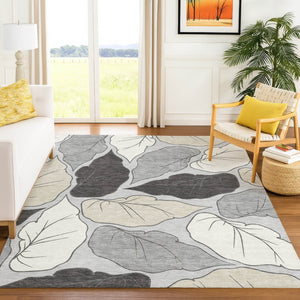 HomeRoots 8' X 10' Elegant Botanical Leaves Gray Beige Area Rug – Washable, Durable, Indoor/Outdoor Use 660874