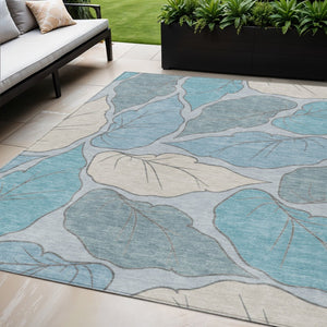 HomeRoots 5' X 8' Teal Blue & Ivory Botanical Leaves Rug – Stylish, Washable, Durable for Indoor & Outdoor Use! 660878