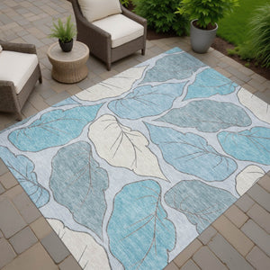 HomeRoots 5' X 8' Teal Blue & Ivory Botanical Leaves Rug – Stylish, Washable, Durable for Indoor & Outdoor Use! 660878