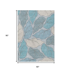 HomeRoots 5' X 8' Teal Blue & Ivory Botanical Leaves Rug – Stylish, Washable, Durable for Indoor & Outdoor Use! 660878