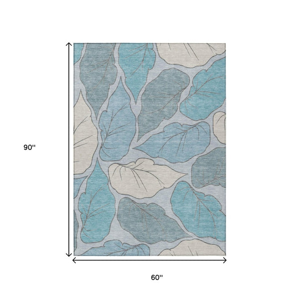 HomeRoots 5' X 8' Teal Blue & Ivory Botanical Leaves Rug – Stylish, Washable, Durable for Indoor & Outdoor Use! 660878