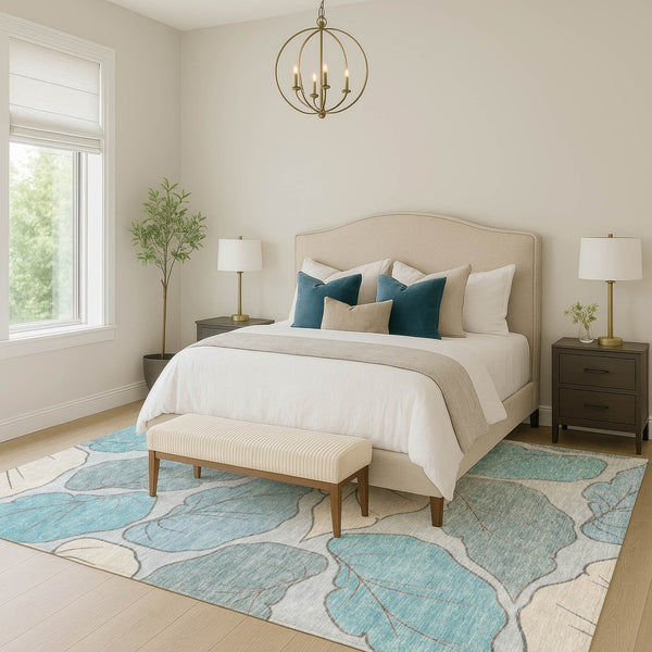 HomeRoots 5' X 8' Teal Blue & Ivory Botanical Leaves Rug – Stylish, Washable, Durable for Indoor & Outdoor Use! 660878