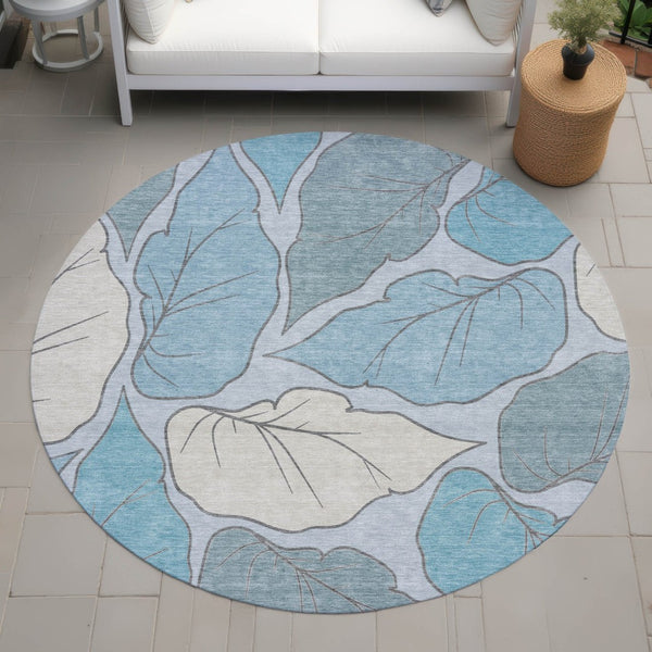 HomeRoots 8' Teal Blue Botanical Leaves Washable Area Rug - Stylish Indoor/Outdoor Design for Any Space 660879