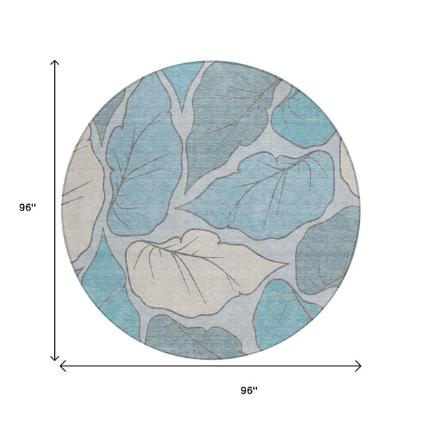 HomeRoots 8' Teal Blue Botanical Leaves Washable Area Rug - Stylish Indoor/Outdoor Design for Any Space 660879