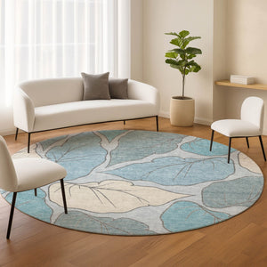 HomeRoots 8' Teal Blue Botanical Leaves Washable Area Rug - Stylish Indoor/Outdoor Design for Any Space 660879