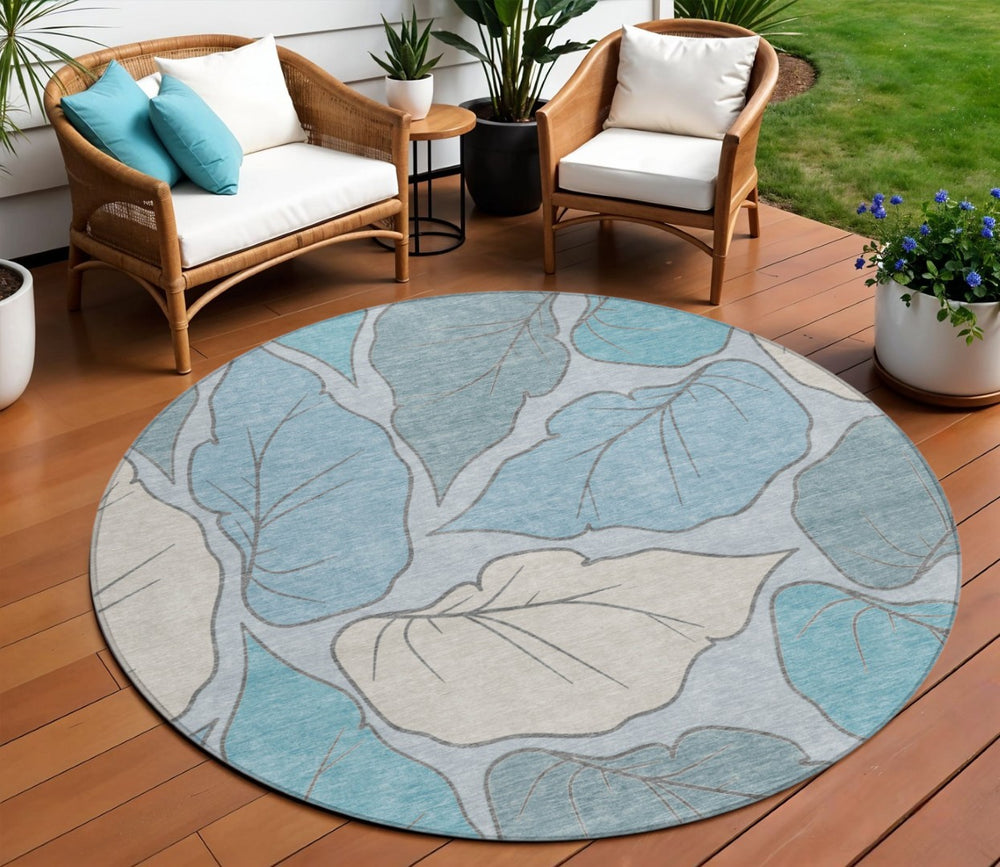 HomeRoots 8' Teal Blue Botanical Leaves Washable Area Rug - Stylish Indoor/Outdoor Design for Any Space 660879