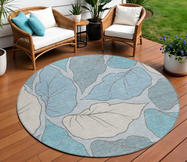 HomeRoots 8' Teal Blue Botanical Leaves Washable Area Rug - Stylish Indoor/Outdoor Design for Any Space 660879