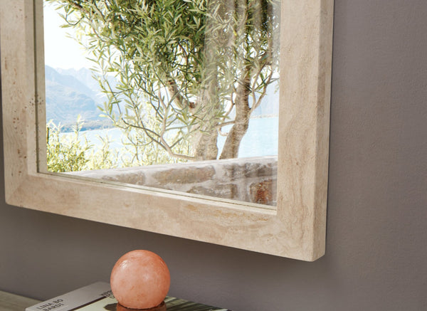 Meridian Furniture Pavia Genuine Stone Rectangular Wall Mirror with Natural Veining for Modern Organic Interiors Natural Glass, Genuine Travertine, MDF 66087Travertine-M