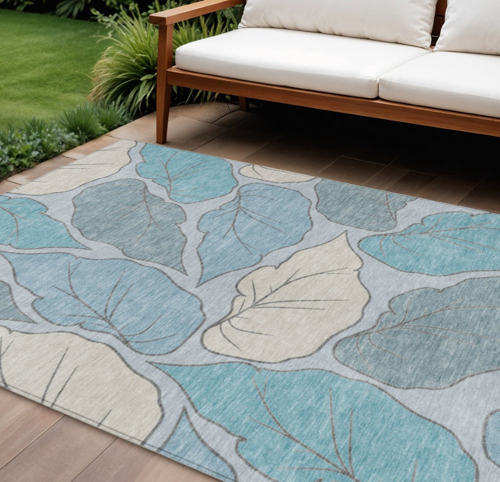 HomeRoots 8' X 10' Teal Blue & Ivory Botanical Leaves Rug - Washable, Stain-Resistant, Indoor/Outdoor Decor Piece 660880