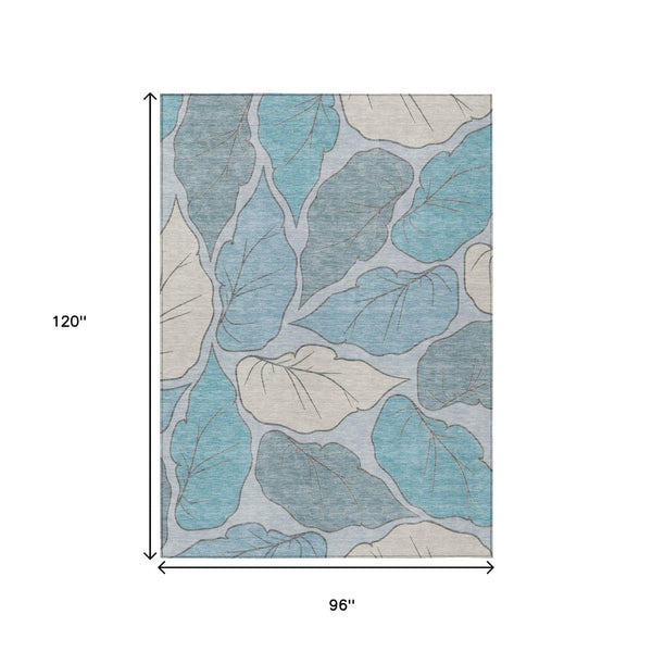 HomeRoots 8' X 10' Teal Blue & Ivory Botanical Leaves Rug - Washable, Stain-Resistant, Indoor/Outdoor Decor Piece 660880