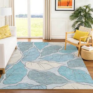 HomeRoots 8' X 10' Teal Blue & Ivory Botanical Leaves Rug - Washable, Stain-Resistant, Indoor/Outdoor Decor Piece 660880