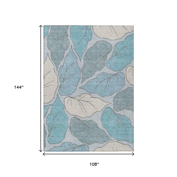 HomeRoots 9' X 12' Teal Blue Botanical Leaves Area Rug - Washable, Stain-Resistant, Perfect for Indoors & Outdoors 660881
