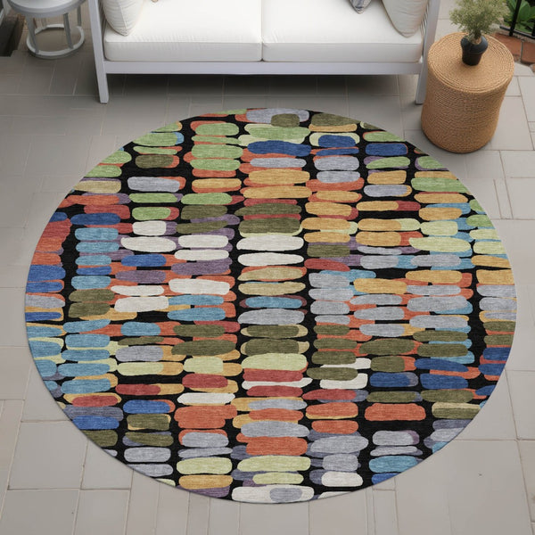 HomeRoots 8' Abstract Geometric Area Rug in Black, Green & Blue - Washable, Indoor/Outdoor, Durable Design 660885