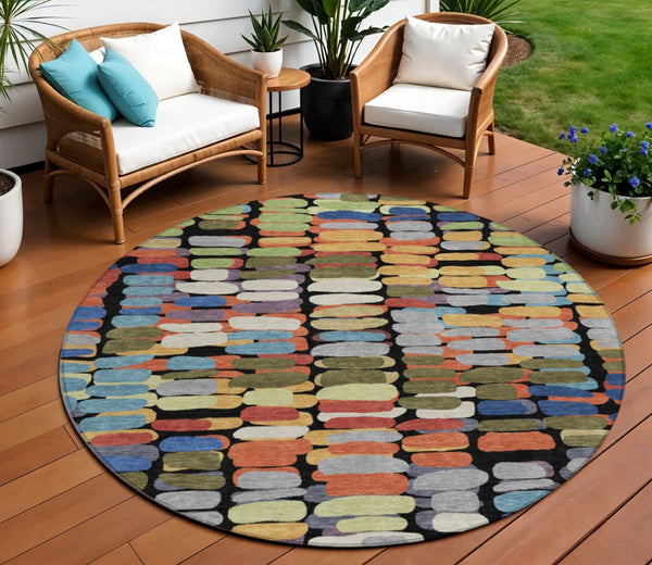 HomeRoots 8' Abstract Geometric Area Rug in Black, Green & Blue - Washable, Indoor/Outdoor, Durable Design 660885