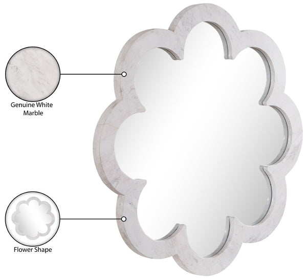 Meridian Furniture Vicenza Sculptural Flower Petal Stone Wall Mirror Organic Entryway Foyer Statement Accent White Genuine Marble / MDF 66088White-M