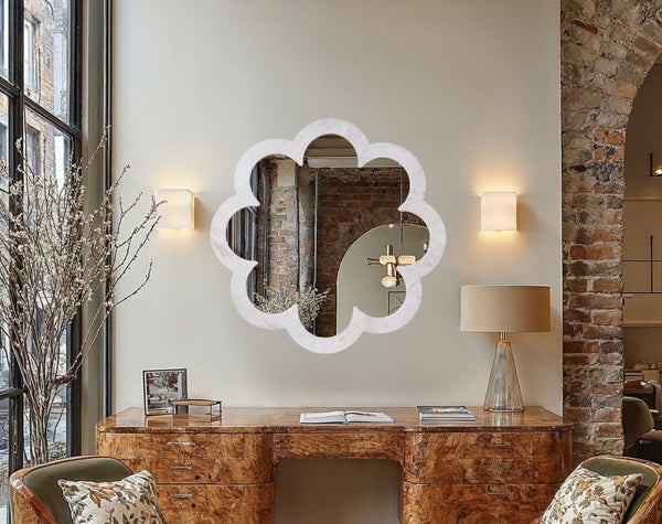 Meridian Furniture Vicenza Sculptural Flower Petal Stone Wall Mirror Organic Entryway Foyer Statement Accent White Genuine Marble / MDF 66088White-M