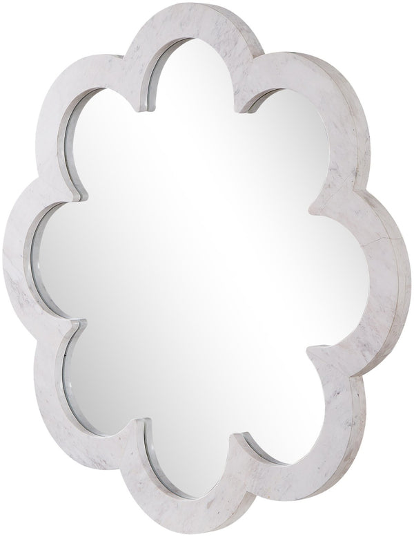 Meridian Furniture Vicenza Sculptural Flower Petal Stone Wall Mirror Organic Entryway Foyer Statement Accent White Genuine Marble / MDF 66088White-M