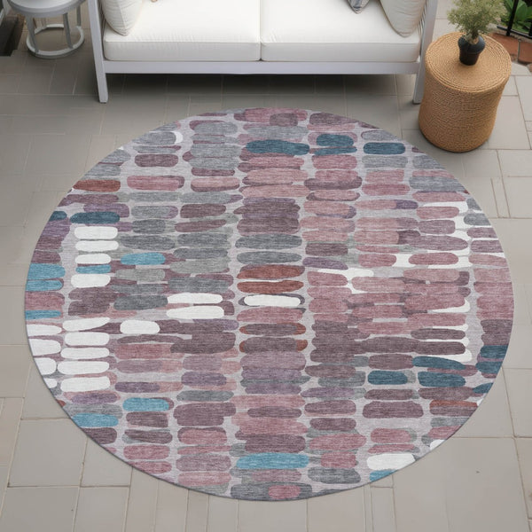 HomeRoots 8' Blush Pink & Merlot Round Abstract Rug - Washable, Durable, Stylish for Indoor & Outdoor Spaces 660891