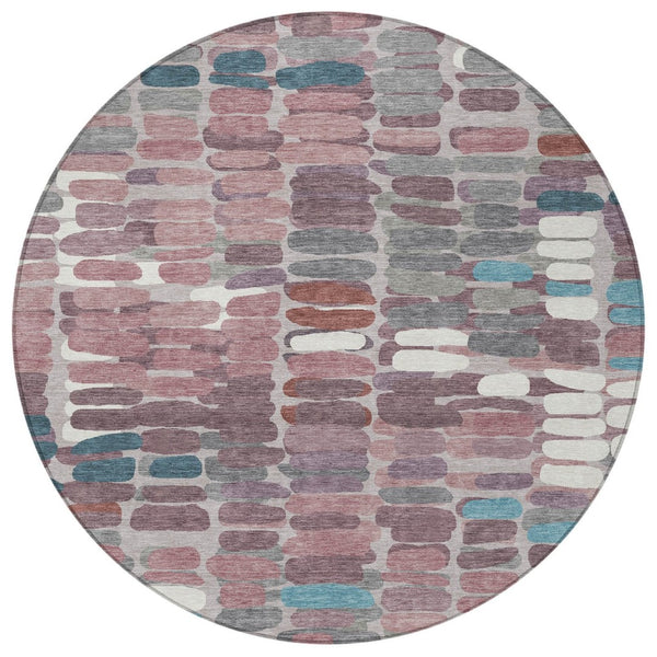 HomeRoots 8' Blush Pink & Merlot Round Abstract Rug - Washable, Durable, Stylish for Indoor & Outdoor Spaces 660891
