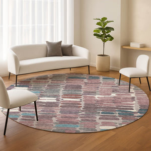 HomeRoots 8' Blush Pink & Merlot Round Abstract Rug - Washable, Durable, Stylish for Indoor & Outdoor Spaces 660891