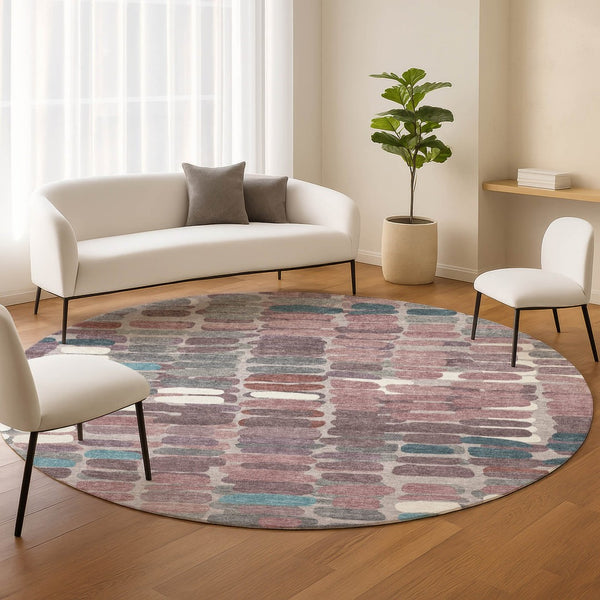 HomeRoots 8' Blush Pink & Merlot Round Abstract Rug - Washable, Durable, Stylish for Indoor & Outdoor Spaces 660891