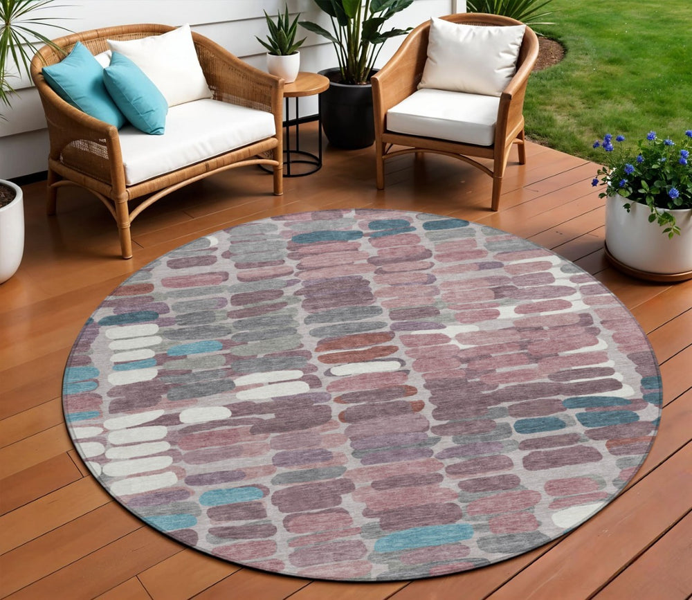 HomeRoots 8' Blush Pink & Merlot Round Abstract Rug - Washable, Durable, Stylish for Indoor & Outdoor Spaces 660891