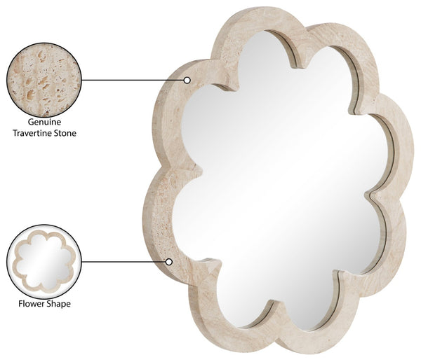 Meridian Furniture Vicenza Sculptural Flower Petal Stone Wall Mirror Organic Entryway Foyer Statement Accent Natural Genuine Travertine / MDF 66089Travertine-M