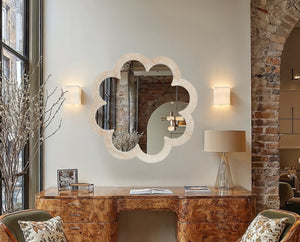 Meridian Furniture Vicenza Sculptural Flower Petal Stone Wall Mirror Organic Entryway Foyer Statement Accent Natural Genuine Travertine / MDF 66089Travertine-M
