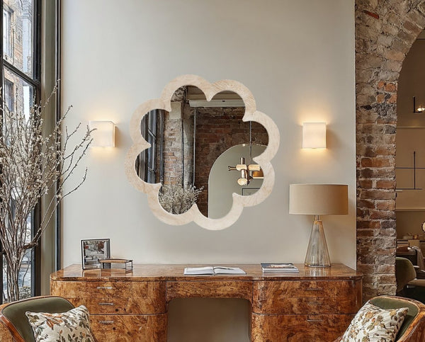 Meridian Furniture Vicenza Sculptural Flower Petal Stone Wall Mirror Organic Entryway Foyer Statement Accent Natural Genuine Travertine / MDF 66089Travertine-M