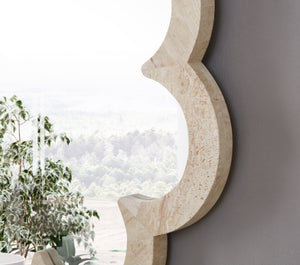 Meridian Furniture Vicenza Sculptural Flower Petal Stone Wall Mirror Organic Entryway Foyer Statement Accent Natural Genuine Travertine / MDF 66089Travertine-M