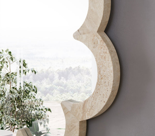 Meridian Furniture Vicenza Sculptural Flower Petal Stone Wall Mirror Organic Entryway Foyer Statement Accent Natural Genuine Travertine / MDF 66089Travertine-M