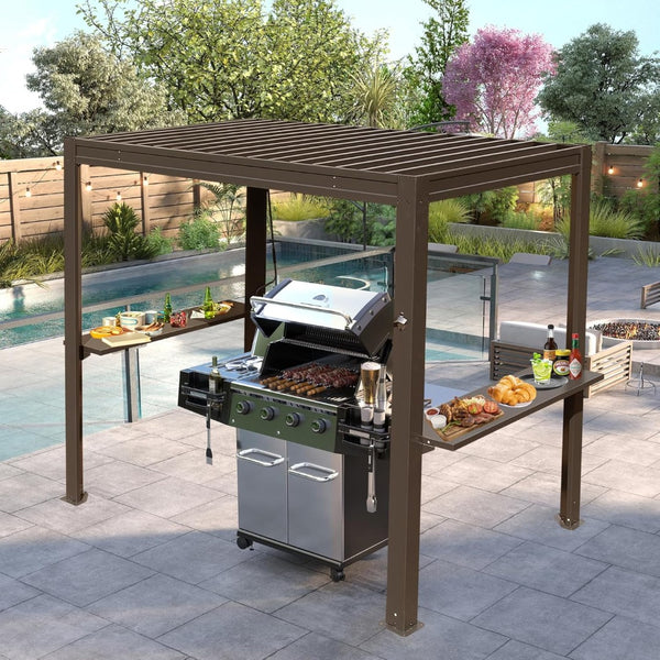 English Elm 8x5 Outdoor Hardtop Louvered Pergola Steel Grill Shelter with Gutter and Adjustable Roof Brown W1859S00177