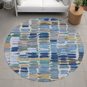 HomeRoots 8' Round Abstract Washable Area Rug in Denim Blue, Wheat & Beige - Durable for Indoor & Outdoor Use 660903
