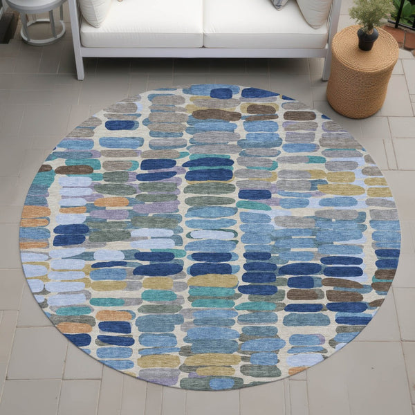 HomeRoots 8' Round Abstract Washable Area Rug in Denim Blue, Wheat & Beige - Durable for Indoor & Outdoor Use 660903