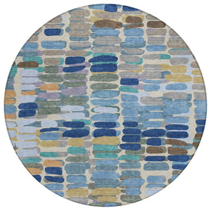 HomeRoots 8' Round Abstract Washable Area Rug in Denim Blue, Wheat & Beige - Durable for Indoor & Outdoor Use 660903