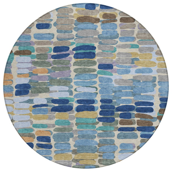 HomeRoots 8' Round Abstract Washable Area Rug in Denim Blue, Wheat & Beige - Durable for Indoor & Outdoor Use 660903