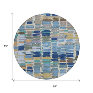 HomeRoots 8' Round Abstract Washable Area Rug in Denim Blue, Wheat & Beige - Durable for Indoor & Outdoor Use 660903