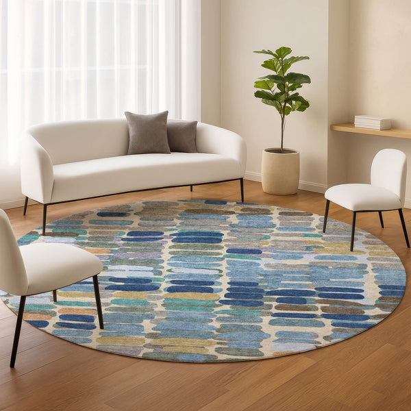 HomeRoots 8' Round Abstract Washable Area Rug in Denim Blue, Wheat & Beige - Durable for Indoor & Outdoor Use 660903