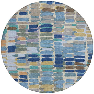 HomeRoots 8' Round Abstract Washable Area Rug in Denim Blue, Wheat & Beige - Durable for Indoor & Outdoor Use 660903